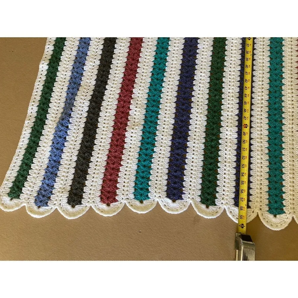 Striped Crochet Afghan Blanket Throw 60x50 Handmade Vintage Scalloped Edge‎
